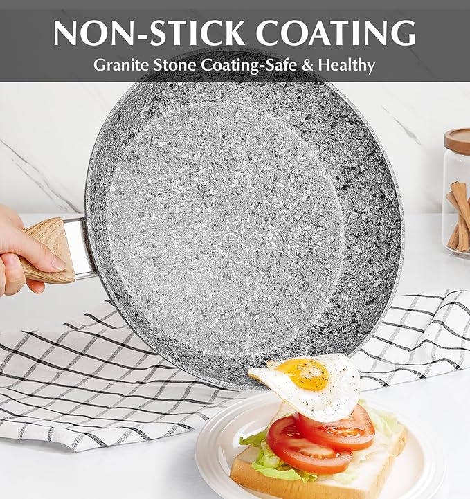 KOCH SYSTEME CS Nonstick Frying Pan with Lid, 12 Inch Grey Granite Frying Pan with Non-toxic Nonstick Coating, Aluminum Skillet with Heat-resistant Bakelite Handle, Induction Compatible, Oven Safe