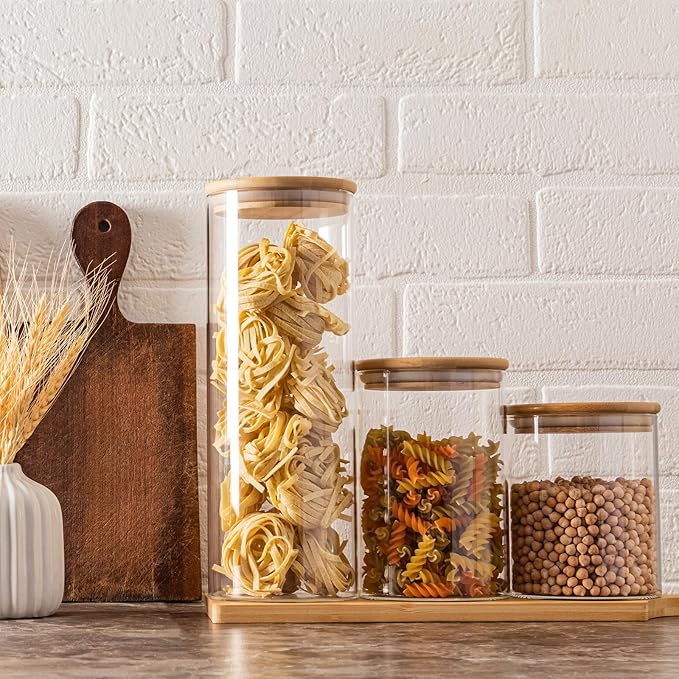 25oz Glass Food Storage Jars, Glass Jars with Bamboo Lids, Kitchen Storage Jars, Set of 6, Canisters with Airtight Lids for Spice, Coffee, Cookie, Pantry Organizers