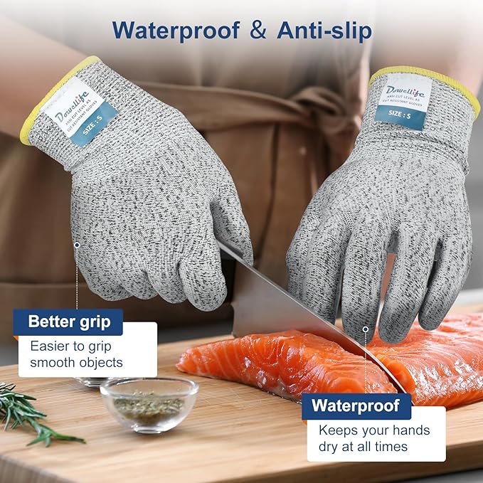 Dowellife Level 5 Cut Resistant Gloves with Silicone Coating, Food Grade Kitchen Knife Safety Gloves, Work Gloves for Chef, Mandoline Oyster Shucking Meat Cutting Wood Carving (Gray Large), Grey