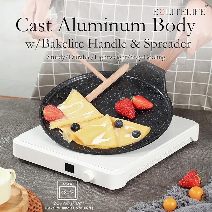 ESLITE LIFE Nonstick Crepe Pan Set with Spreader, 9.5 & 11 Inch Granite Coating Flat Skillet Dosa Tawa Comales Para Tortillas Pancake Pan, PTFE & PFOA Free, Black