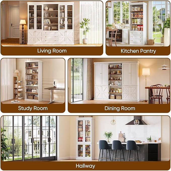 70.8" Bookshelf with Glass Doors, Farmhouse Modular Bookcase with 6-Tier Adjustable Shelves, Large Storage Cabinet for Living Room & Home Office, Set of 3, White