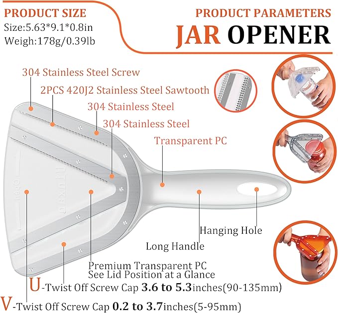 Jar Opener for Weak Hand & Seniors with Arthritis,Easy Twist Off Bottle Caps,Patent | Unique Kitchen Gadgets, Christmas Gifts for Elderly/Women/Men (Transparent)