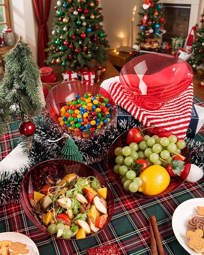 bUCLA Clear Red Plastic Serving Bowls 20 OZ - Christmas Party Disposable Bowls 12 Pack