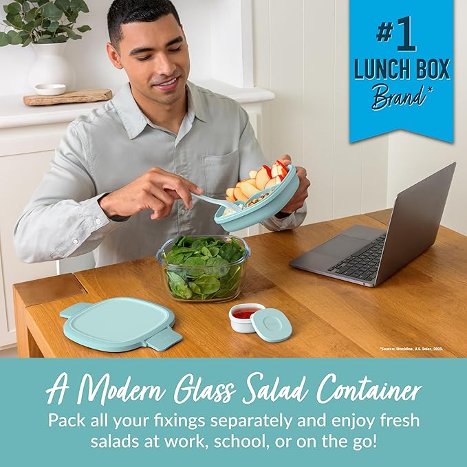 Bentgo Glass All-in-One Salad Container - Large 61-oz Salad Bowl with Lid, 4-Compartment Bento-Style Tray, 3-oz Sauce Container & Reusable Fork - Dishwasher, Microwave, Oven Safe (Coastal Seaglass)