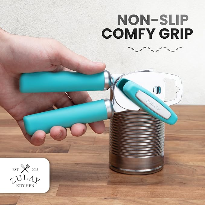 Zulay Kitchen Heavy Duty Stainless Steel Can Opener Manual with Bottle Opener - Rust Proof Manual Can Opener With Turn Knob & Soft Grip Handles