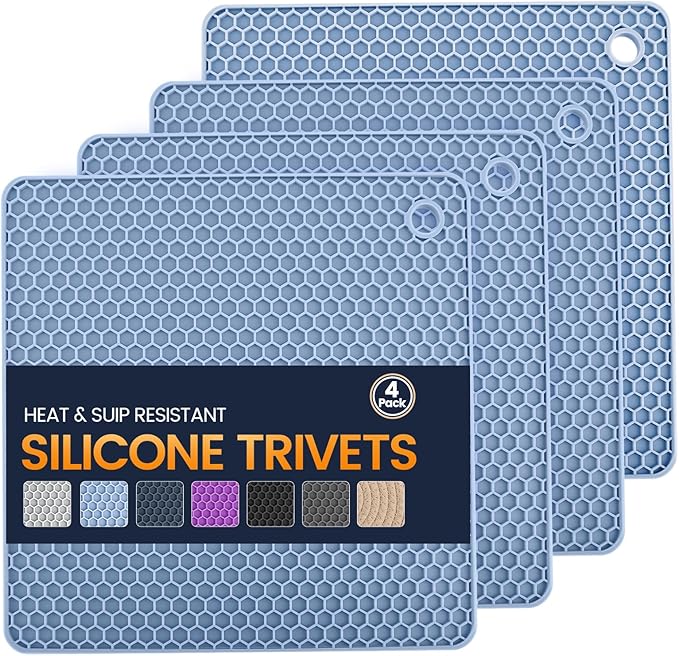 Silicone Trivet Mats 4 Heat Resistant Pot Holders Multipurpose Non-Slip Hot Pads for Kitchen Potholders, Drying mat, Jar Opener, Spoon Holder, Coaster.(Blue)