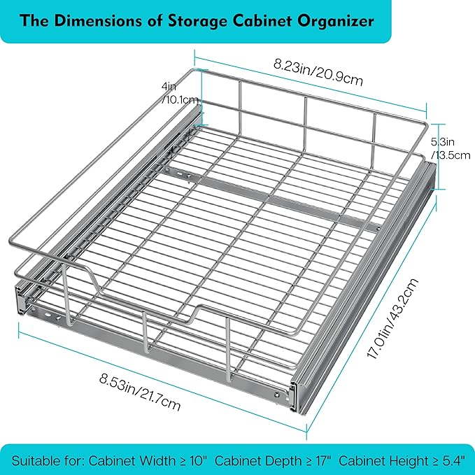Pull Out Cabinet Organizer 9" W X 17" D, Slide Out Drawers For Kitchen Organizers and Storage, Pull Out Drawers For Cabinets Capacity Heavy Duty Caddy, Cabinet Shelves Chrome-Plated, Bathroom Pantry