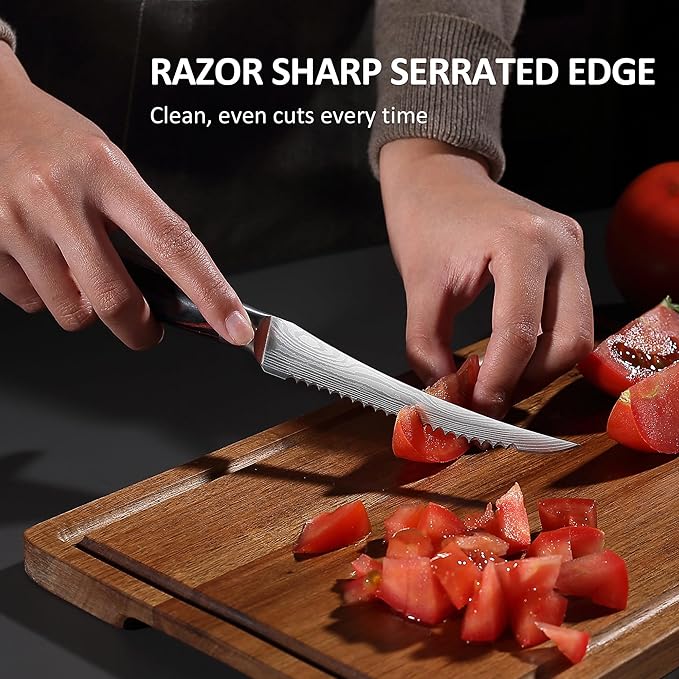 PAUDIN Tomato Knife, 5 inch Serrated Tomato Knives with Sheath, High Carbon Stainless Steel Tomato Slicer Knife for Smooth Cutting Slicing Vegetables and Fruits