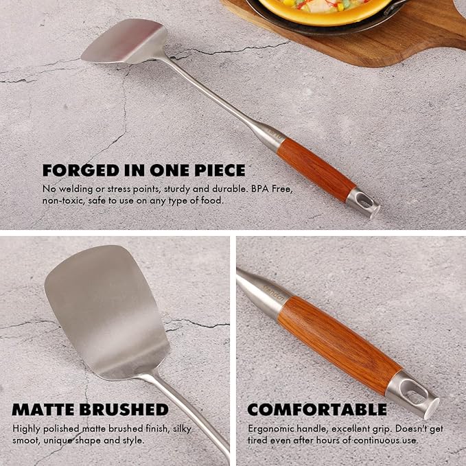 18/10 Stainless Steel Kitchen Utensils Set with Wooden Handle - 14 PCS Metal Cooking Tools & Serving Utensil, Large and Small Spoons Set - Whisk, Masher, Fork, Spatula, Turner, Ladle, Skimmer, Pasta