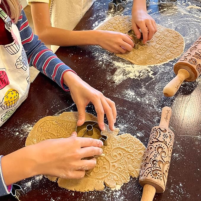 Embossing Rolling Pin BLOOMY with Floral Pattern – Dough and Clay Roller for Embossed Cookies and Pottery - Cookie and Ceramic Stamp - Baking Gifts for Women by Algis Crafts