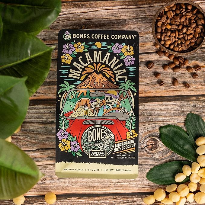 Bones Coffee Company Macamaniac, Macadamia and Coconut Flavored Coffee, Medium Roast Low Acid Arabica Beans Compatible with Auto drip and French Press Coffee Maker, 12 Oz Whole Bean