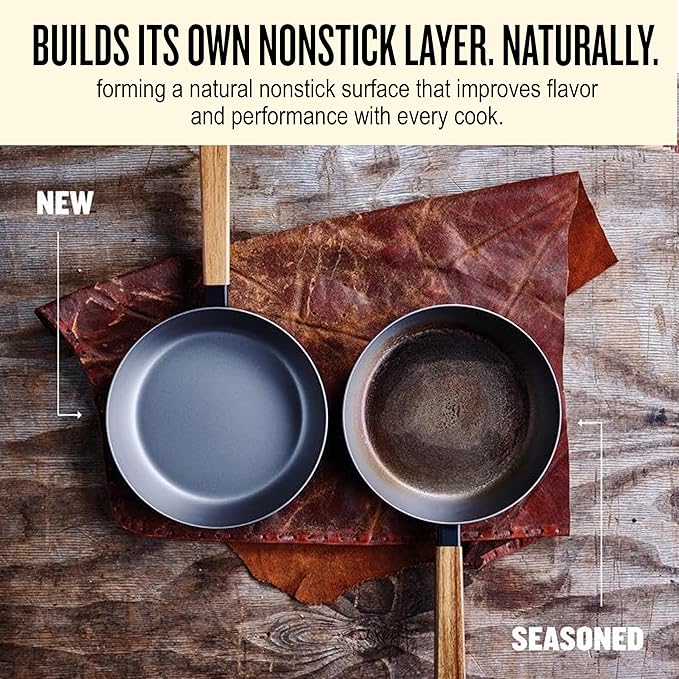 Alva Forest 8" Carbon Steel Frying Pan – Naturally Nonstick, Pre-Seasoned, with Acacia Wood Handle, Made Without PTFE, PFOA, PFAS – Sustainable Belgian Design, Induction & All-Stovetop Safe