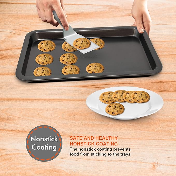 Perlli Baking Set 6 Nonstick Carbon Steel Oven Safe Gray PTFE PFOA Free Bakeware - Cookie Sheet, 2 Rounds, 12 Cup Muffin Pan, Roaster & Loaf Pan