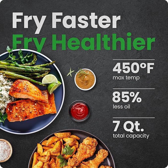 Chefman Air Fryer TurboFry 7-Qt, 6-in-1 High-Powered 450°F Cooking for Crispier Results, Compact Space-Saving Design, Air Fry, Bake, Broil, Reheat, Dehydrate, Defrost, Fast & Even Cooking – Black