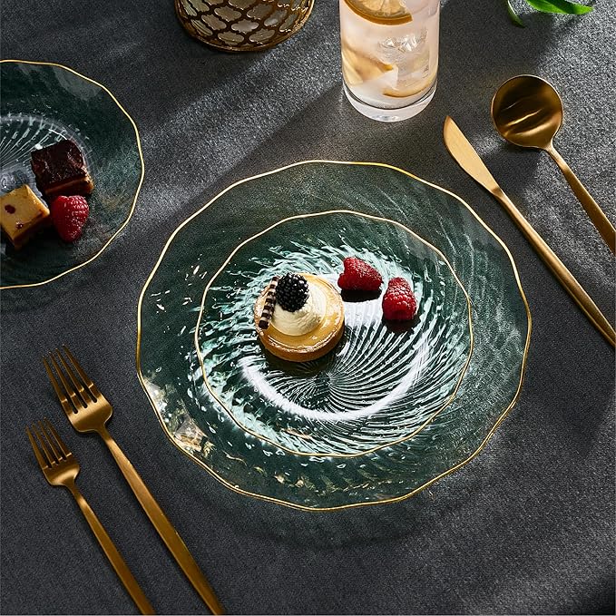 PLASTICPRO 30 Pack Plastic Plates Set of 15-10 inch Plates and 15-7 inch Plates, Elegant Clear Green Spiral and Gold Rim Disposable Fancy Plates Premium Heavyweight