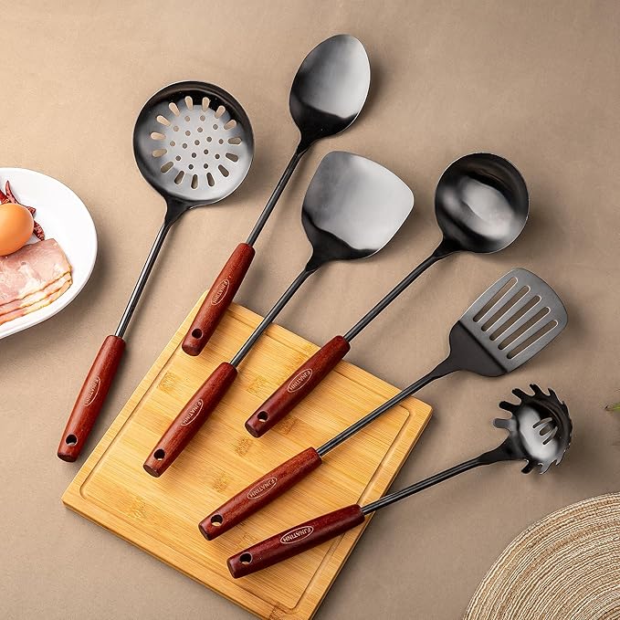 FJNATINH 304 Stainless Steel Kitchen Utensil Sets - 6 PCS Wok Spatula Sets Cooking Utensil Tools Spatula, Soup Ladle, Skimmer Spoon, Slotted Spatula Tunner, Spaghetti Spoon, Large Spoon