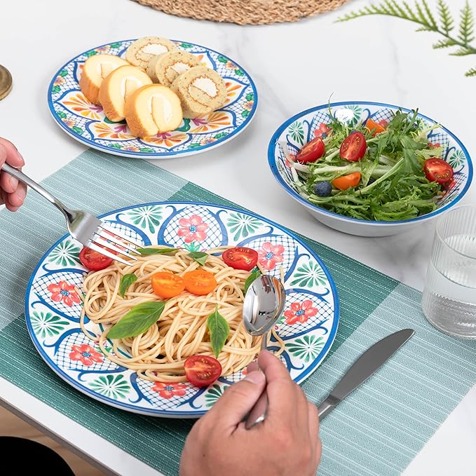 18 Pieces Melamine Dinnerware Sets, Service for 6, Paisley Kitchen Plates and Bowls Set, Unbreakable & Lightweight Dinnerware Set, Camping Dishs Indoor Outdoor Use, Spanish Floral Pattern
