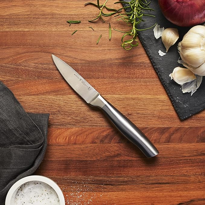 HENCKELS Graphite 4-pc Starter Knife Set, 8" Chef Knife, 5-in. Serrated Utility, 3-in. Paring Knife, and Handheld Sharpener